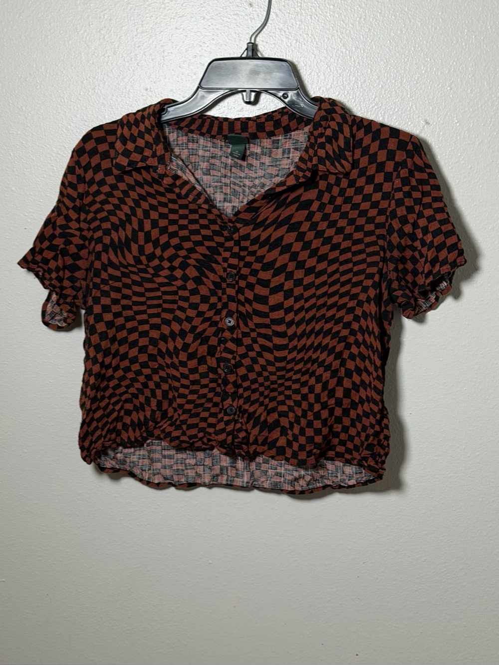 Wild Fable Women's Short-Sleeve Button Front Crop Top Brown Casual size M